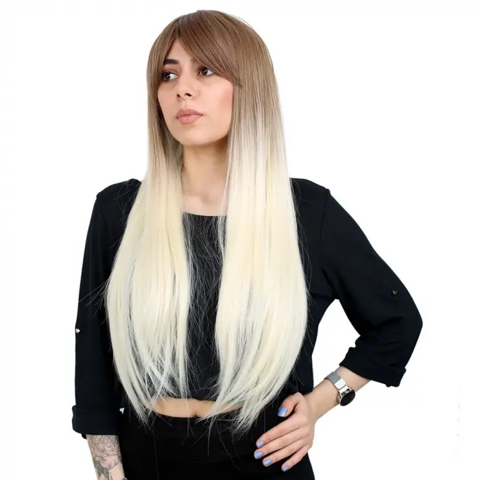 Fiber Sen Uzun Düz Kahküllü Peruk / Kumral / Platin Ombreli