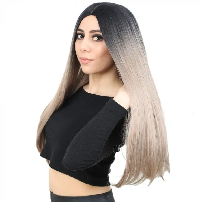 Fiber Sen Uzun Düz Peruk / Siyah / Küllü Bebek Sarı Ombreli