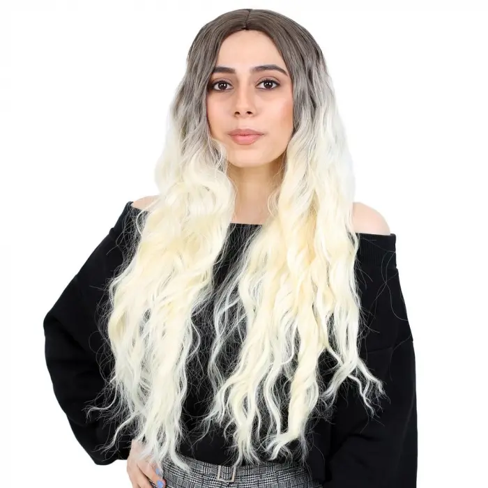 Fiber Sen Uzun Su Daası Peruk / Kahve / Platin Ombreli