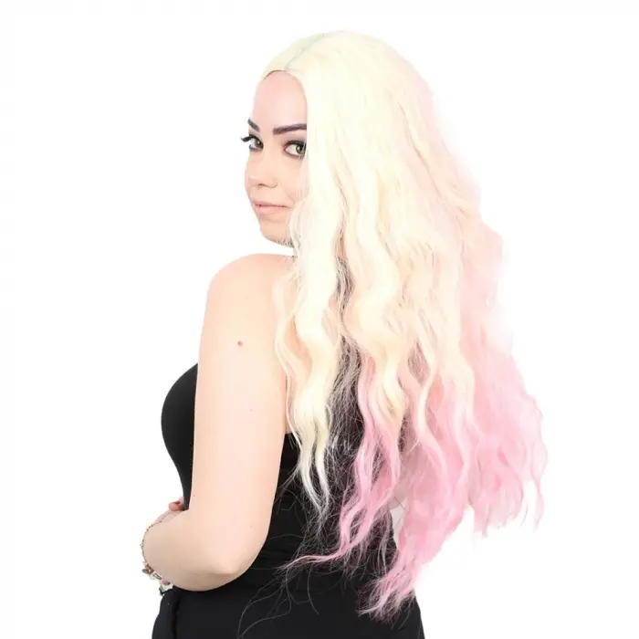 Fiber Sen Uzun Su Daası Peruk / Platin / Pembe Ombreli