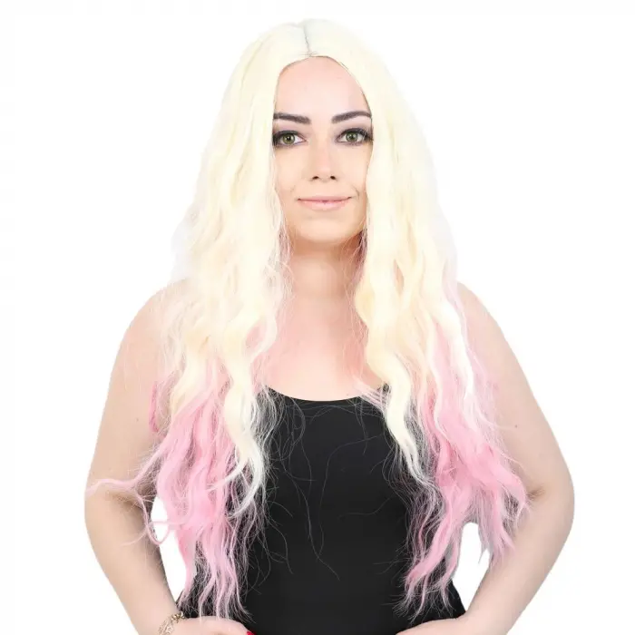 Fiber Sen Uzun Su Daası Peruk / Platin / Pembe Ombreli