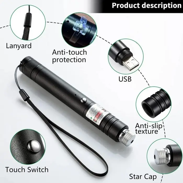 Fithome 100mw Desen Başlıklı Usb Şarjlı Yeşil Lazer Pointer