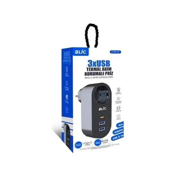 Ftr-07 2xusb 1xtypec Termal Akım Korumalı Isıya Dalı Tekli Priz