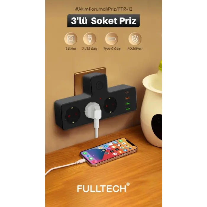 Ftr-12 Termal Akım Korumalı Isıya Dalı 3’lü Priz 3x Usb 1x Type-c