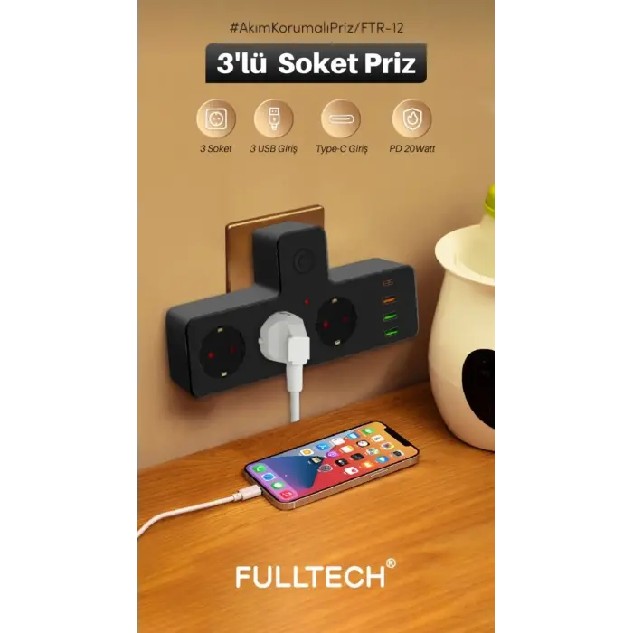 Ftr-12 Termal Akım Korumalı Isıya Dayanıklı 3’lü Priz 3x Usb 1x Type-c