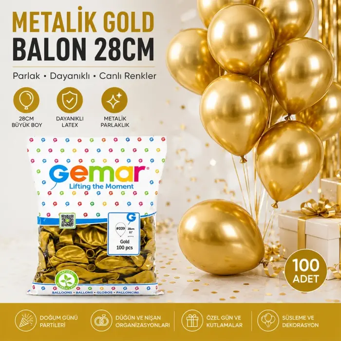 Gm-110-39 Metalik - Altın Balon 11'' - 28cm - 100 Parça Bx40