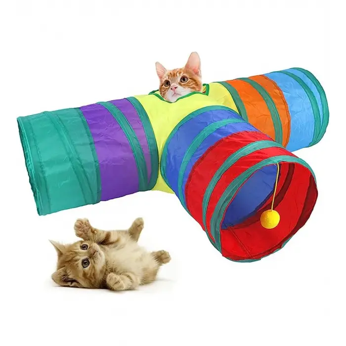 Gökkuşağı Desenli T Model Kedi Oyun Tüneli, Katlanabilir 50 x 75 cm