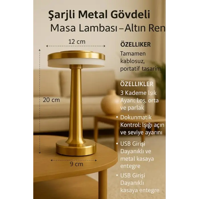 Gold Mantar Masa Lambası 3 Renk Modlu Kablosuz Şarjlı Dekoratif Metal LED Abajur