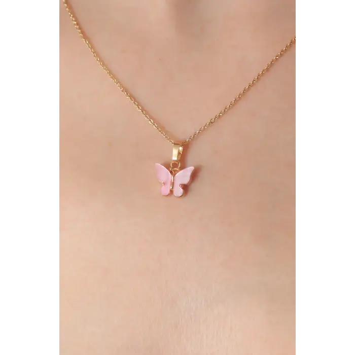 Gold Pembe Renk Kelebek Figür Kadın Kolye 5886