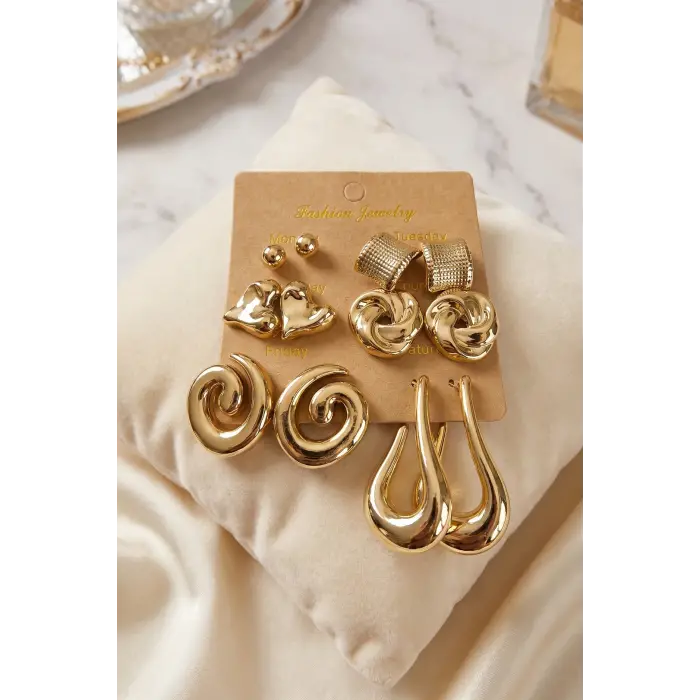 Gold Renk Metalik Kaplamalı CCB 6 Çift Küpe Seti