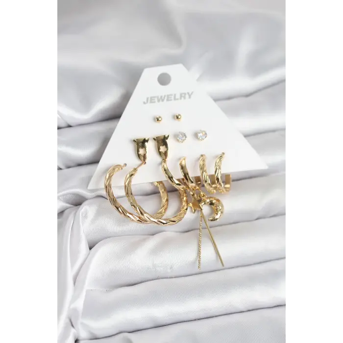Gold Renk Pirinç 6lı Kadın Küpe Seti