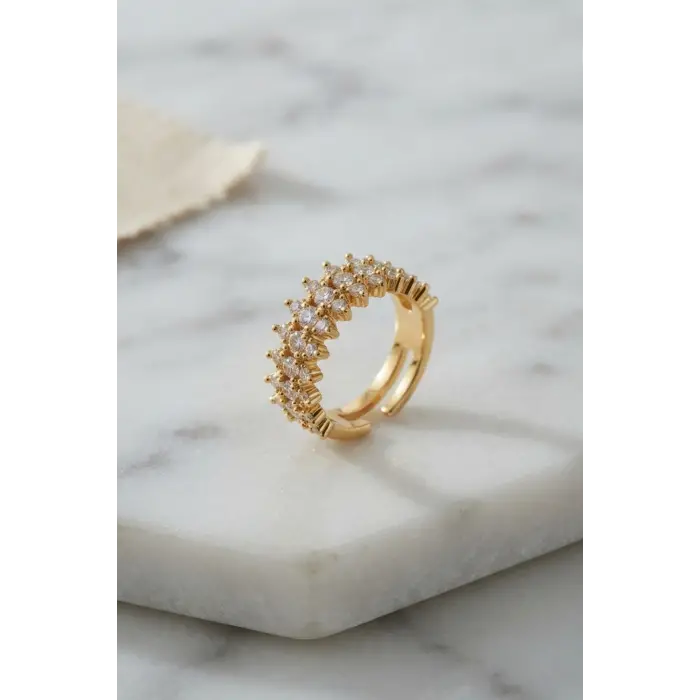 Gold Renk Sıralı Zirkon Taşlı Kadın Yüzük