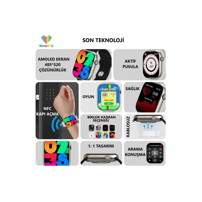 Gri Akıllı Saat, AMOLED Ekranlı, Nabız ve Uyku Takibi Özellikli, 3 Adet Siyah Silikon Kordonlu