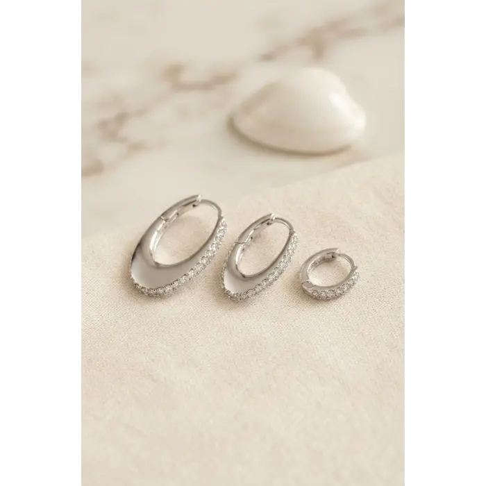 Gümüş Renk Oval Halka Model Zirkon Taşlı 3 lü Küpe Set