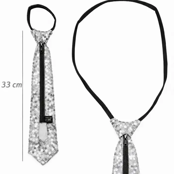 Gümüş Renk Pul Payetli Işıltılı Parti Kravatı 33 Cm Bx40