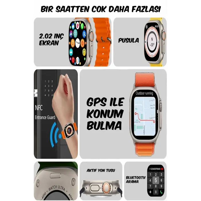 Gümüş Renkli Akıllı Saat, Sesli Görüşme ve Suya Dayanıklı Özellikli, Çift Silikon Kordonlu
