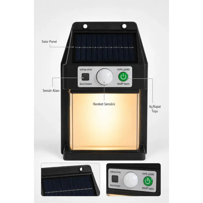 Güneş Enerjili Sensörlü Solar Aplik Duvar Tipi Dış Mekan Hareket Algılamalı Işık