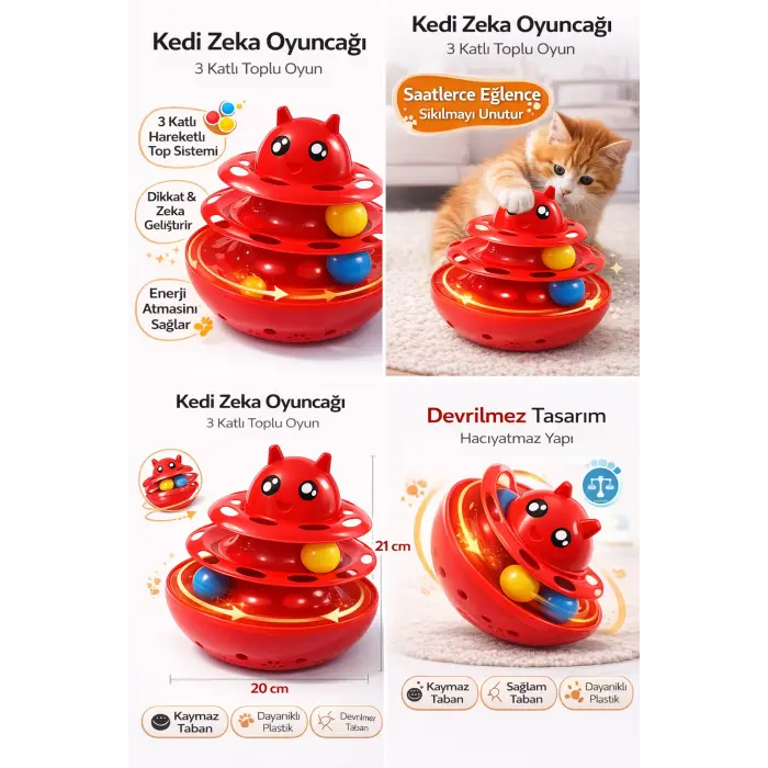 Hacıyatmaz Kedi Oyuncağı 3 Katlı Toplu Zeka Oyuncağı 20x21 cm – Devrilmez Interaktif  Oyuncağı