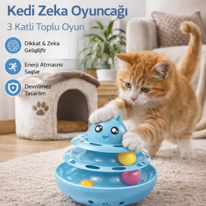 Hacıyatmaz Kedi Oyuncağı 3 Katlı Toplu Zeka Oyuncağı 20x21 cm – Devrilmez Interaktif  Oyuncağı