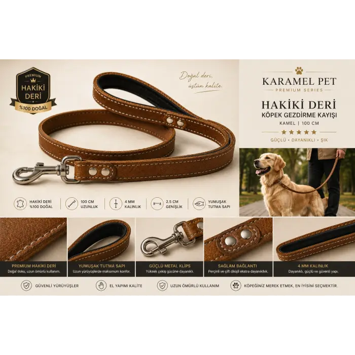 Hakiki Deri Köpek Gezdirme Kayışı Kamel 100 cm Yumuşak Doulu Tutma Saplı
