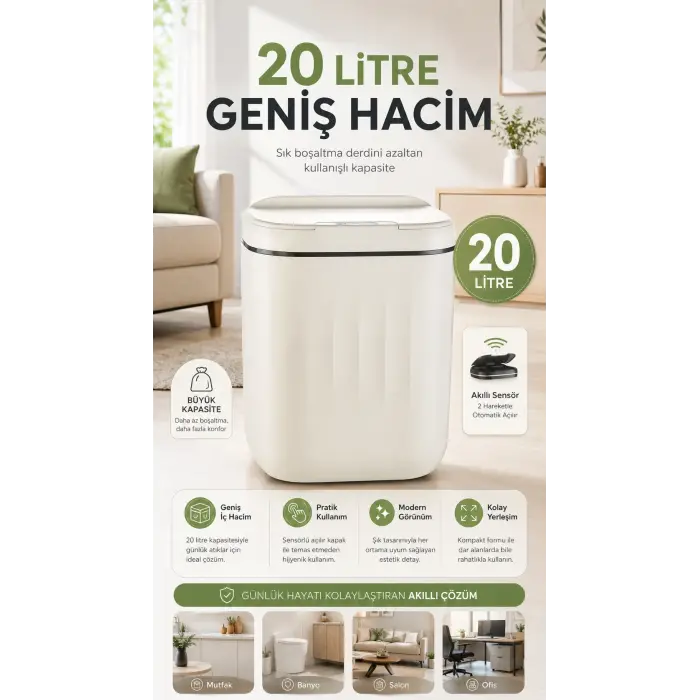 Hareket Sensörlü Büyük 20L Çöp Kovası UV Işıklı