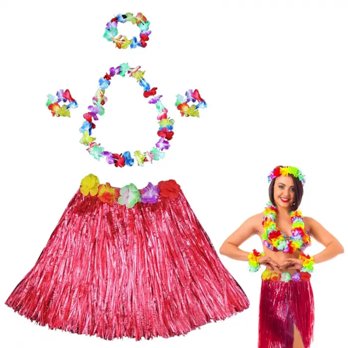 Hawaii Dans Kostümü – Kırmızı Hula Etek & Çiçek Kolye Seti