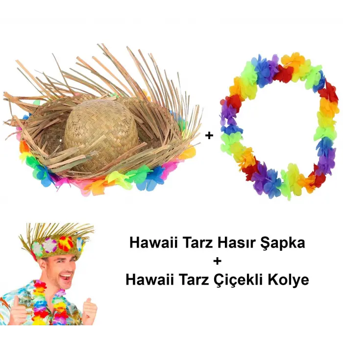 Hawaii Tarzı Tropikal Çiçekli Hasır Şapka Ve Çiçekli Hawaii Kolye Bx40