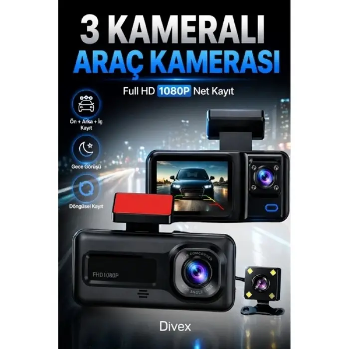 HD 3 Kameralı Araç Kamerası Ön Arka İç Kayıt Gece Görüşlü G Sensörlü Geniş Açılı