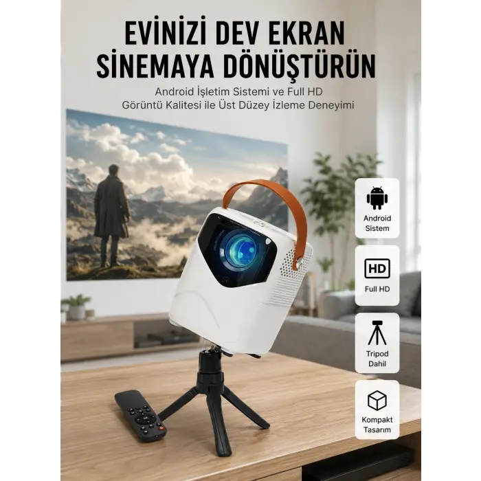 HD Ayaklı Portatif Projeksiyon Cihazı Bluetooth Wifi Akıllı Android İşlemcili