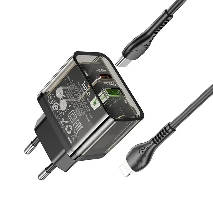 HOCO N34 PD20W USB+Type-C + iPhone Lightning Kablo Hızlı Şarj Adaptör Seti-(5775)