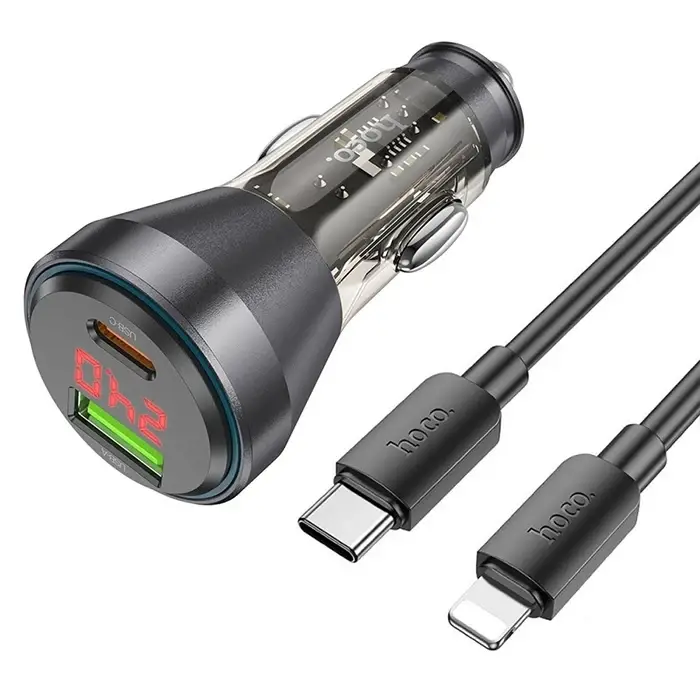 HOCO NZ12B Unimpeded PD48W USB + Type-C Araç Çakmaklı Hızlı Şarj Aleti + Type-C to iPhone Kablo-(5775)