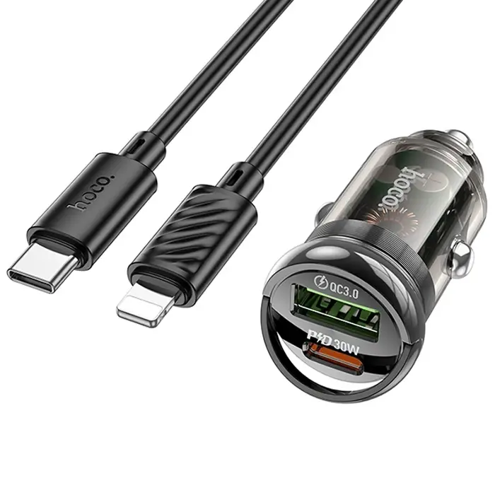 HOCO Z53A Vision PD30W Type-C + USB QC3.0 Girişli Araç Çakmaklık Hızlı Şarj Aleti + Type-C to iPhone-(5775)