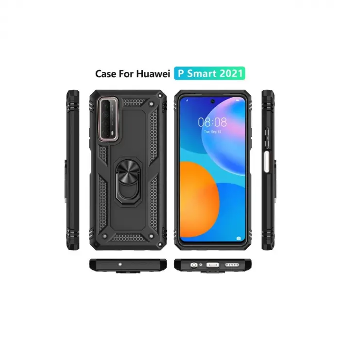 Huawei P Smart 2021 Kılıf Sofya Yüzüklü  Kapak - Siyah