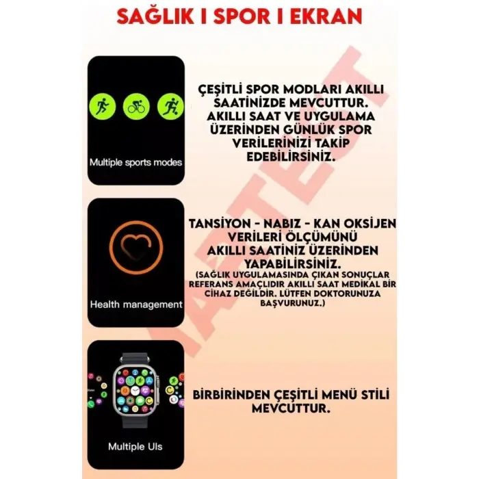 iOS ve Android Uyumlu Akıllı Saat, Nabız Sensörlü, Uyku Takibi, Siyah Silikon Kordonlu