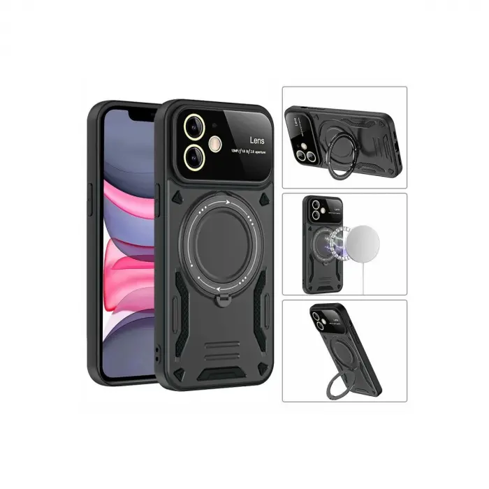İphone 11 Kılıf Joy Lens Standlı Kapak - Koyu Yeşil