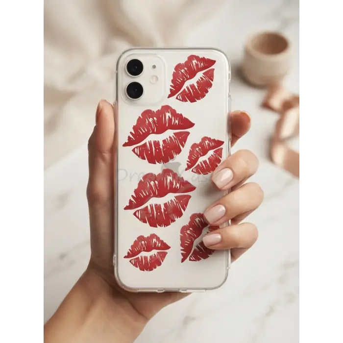 iPhone 11 Kırmızı Dudak / Öpücük Desenli Şeffaf Telefon Kılıfı