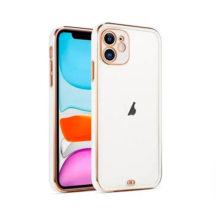 iPhone 12 6.1inç Gold Çerçeve Kamera Korumalı Silikon Bumper Kılıf-(5775)