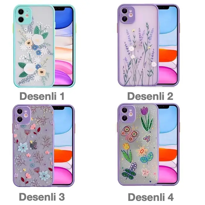iPhone 12 6.1inç Kamera Korumalı Çiçek Desenli Silikon Kılıf-(5775)