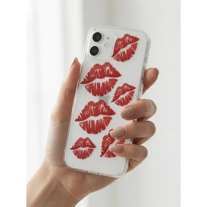 iPhone 12 Kırmızı Dudak / Öpücük Desenli Şeffaf Telefon Kılıfı