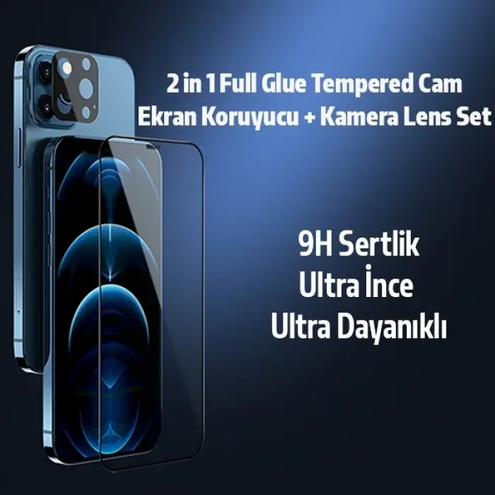 İPhone 12 Pro Max 2İN1 Full Glue Tempered Cam Ekran Koruyucu +Kamera Lens Set-(5775)