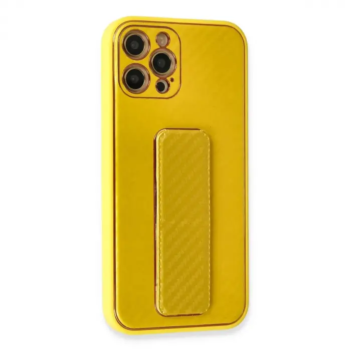 İphone 12 Pro Max Kılıf Co Karbon Standlı Kapak - Sarı