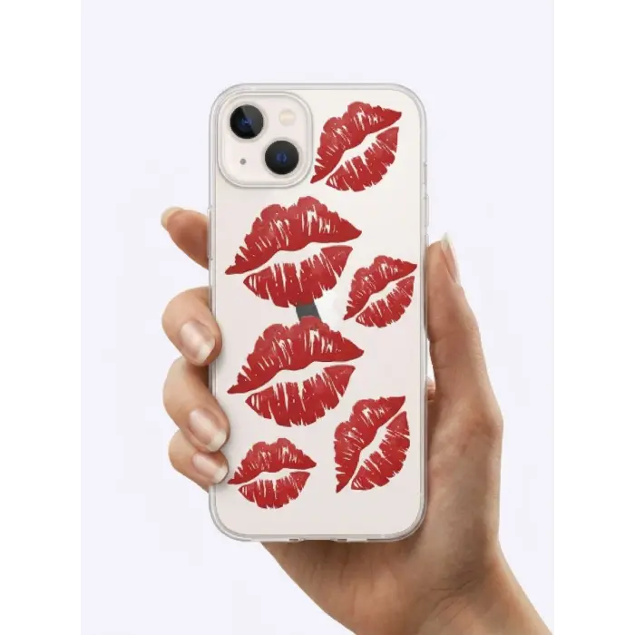 İphone 13 Kırmızı Dudak / Öpücük Desenli Şeffaf Telefon Kılıfı