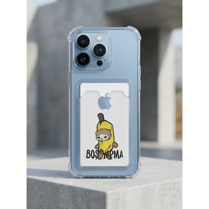 iPhone 13 Pro Max Boş Yapma Muz Detaylı Kart Bölmeli Şeffaf Telefon Kılıfı