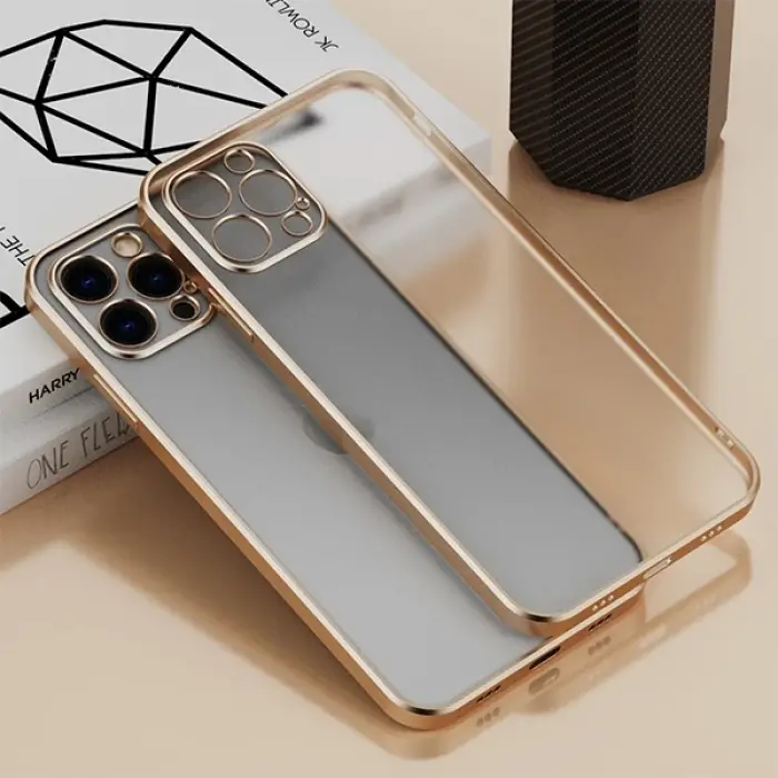 iPhone 13 Pro Renkli Kenar Şeffaf Kılıf Kamera Korumalı Silikon Kılıf-(5775)