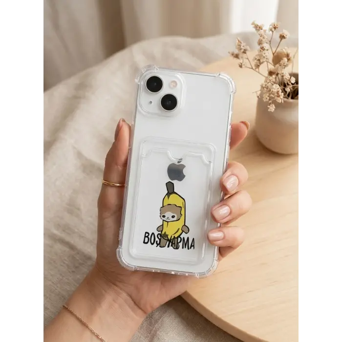 iPhone 14 Boş Yapma Muz Detaylı Kart Bölmeli Şeffaf Telefon Kılıfı