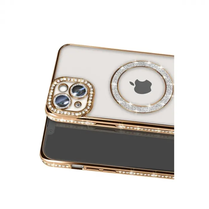 İphone 14 Kılıf Joke Simli Magneticsafe Kılıf - Gold