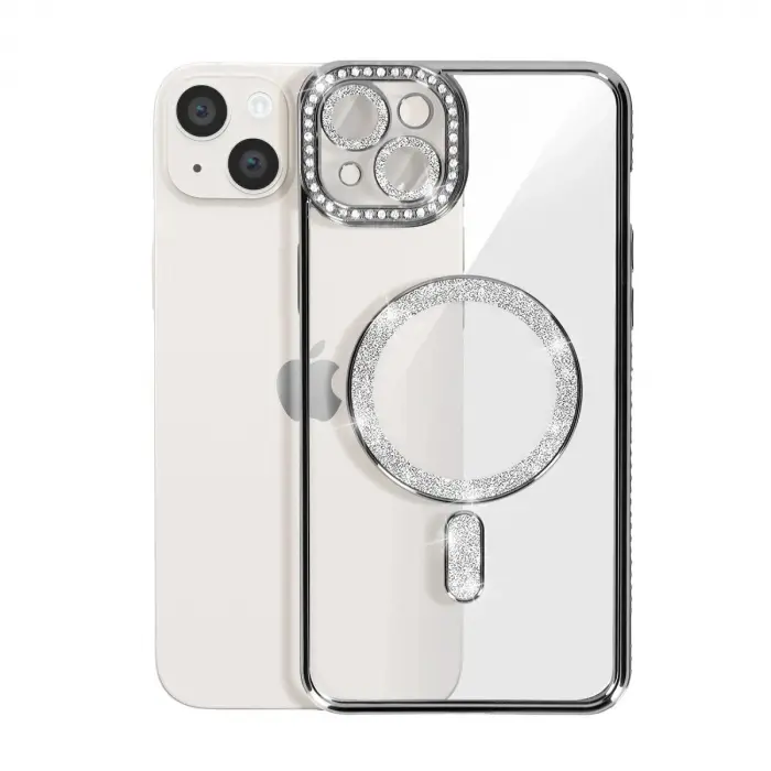 İphone 14 Kılıf Joke Simli Magneticsafe Kılıf - Gümüş
