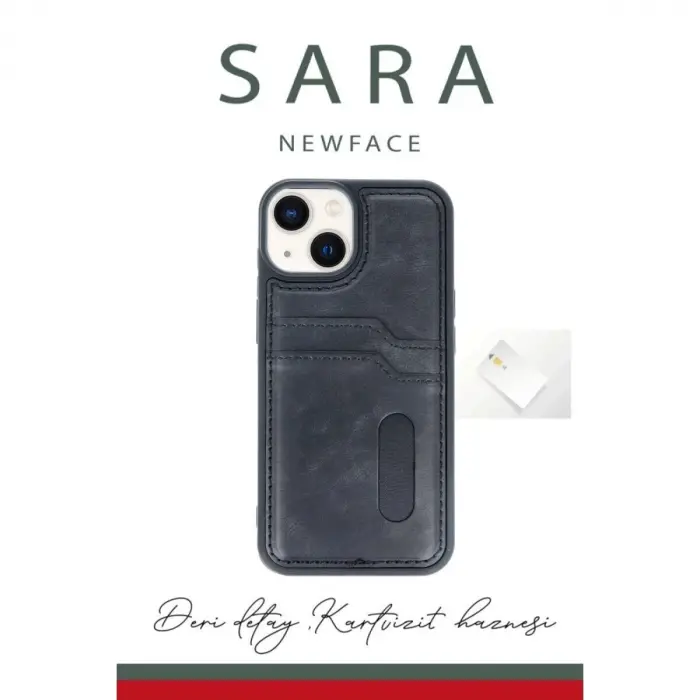İphone 14 Kılıf Sara Kartvizitli Deri Kılıf - Siyah