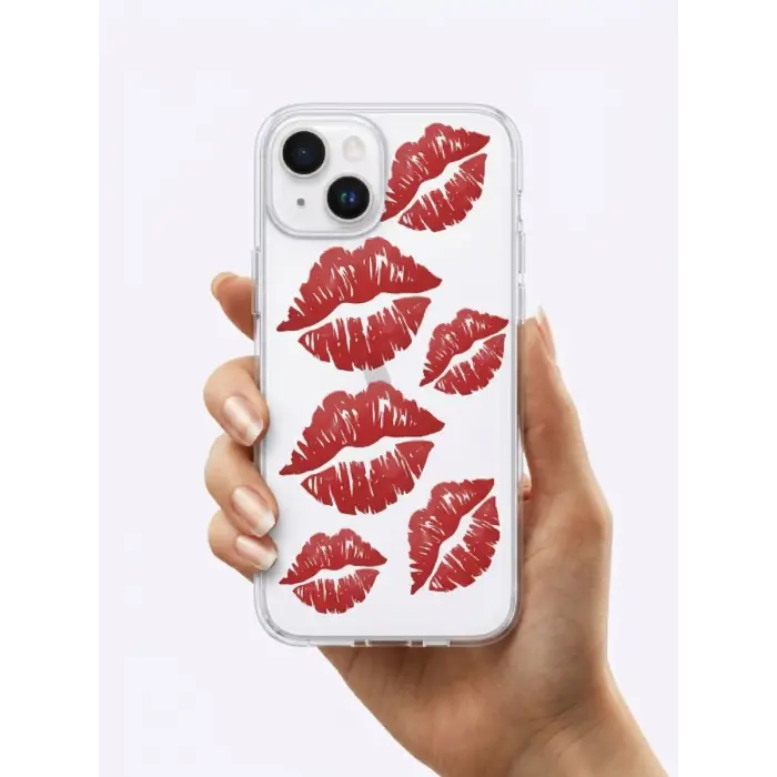 İphone 14 Kırmızı Dudak / Öpücük Desenli Şeffaf Telefon Kılıfı