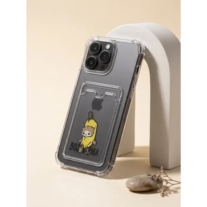 iPhone 14 Pro Max Boş Yapma Muz Detaylı Kart Bölmeli Şeffaf Telefon Kılıfı